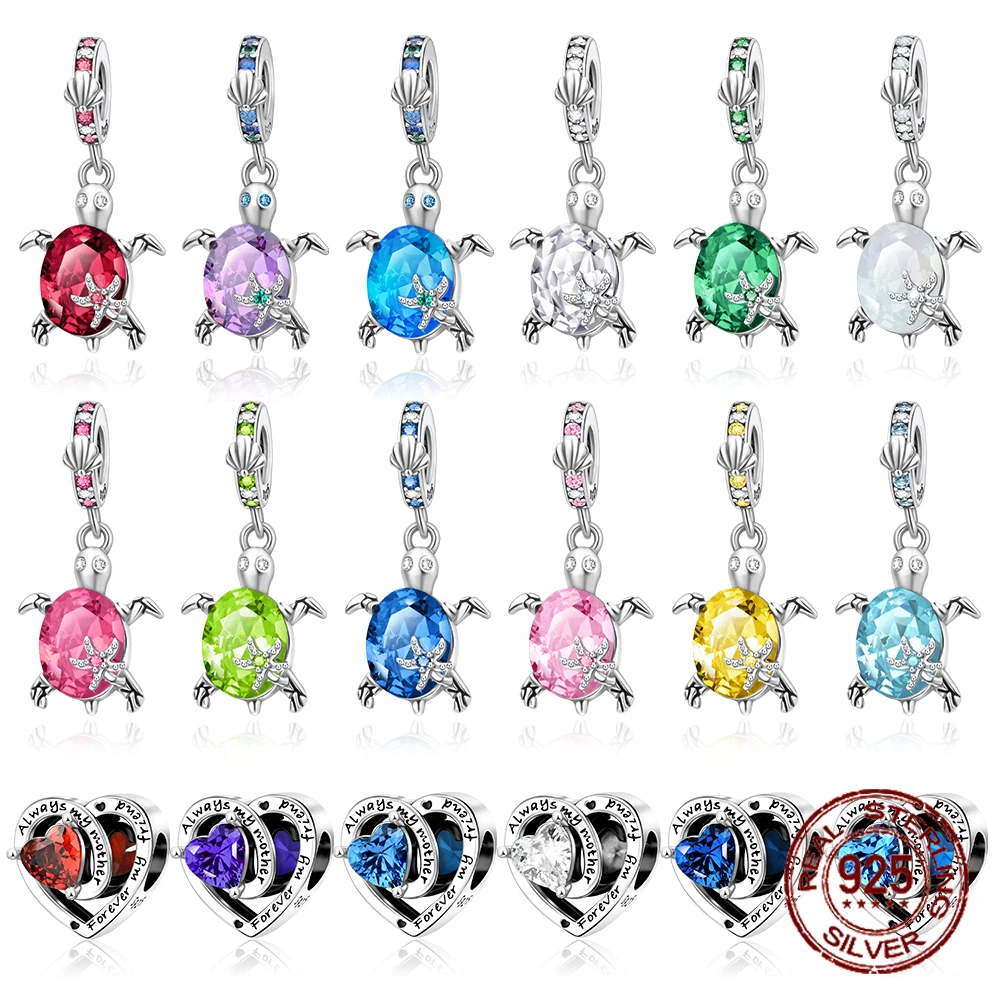 925 Sterling Silver Ocean Turtle Twelve Month Birthstone Charms Beads Pendant Fit Original Pandora Bracelet for Women Jewelry