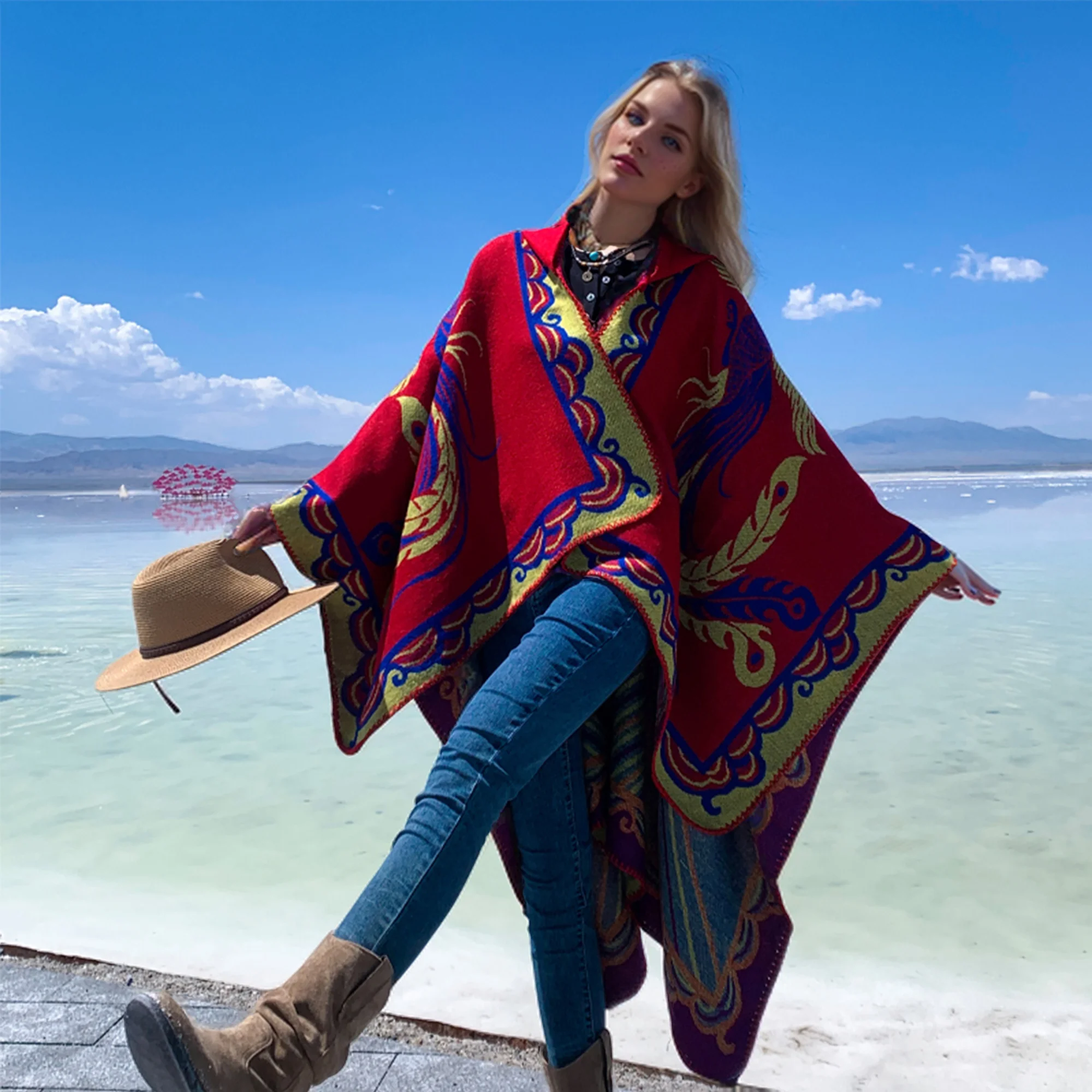 

Новая элегантная женская утепленная шаль с капюшоном и узором, модный теплый плащ-накидка для осенних и зимних прогулок на улице.