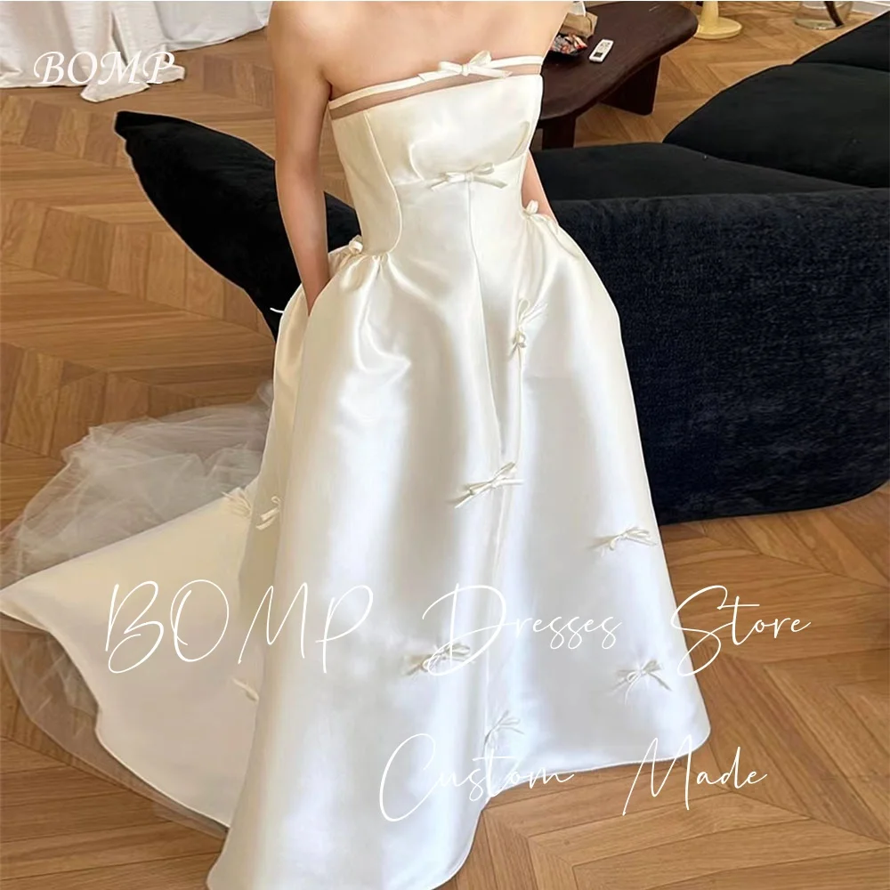 

BOMP Simple Bow Wedding Dress Strapless A-Line Sweep Train Ivory Silk Taffeta Korea Photo Shoot Bridal Reception Gown Customized