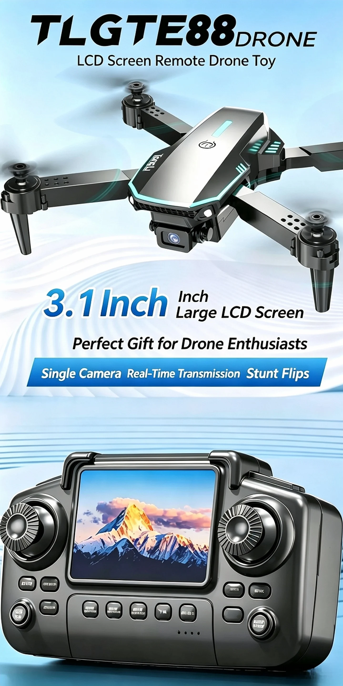 TONGLI Foldable Drone RC Quadcopter with 3.1‑Inch Large‑Screen Remote Control Single‑Camera Aerial Version One‑Key Takeoff Gesture Photo Headless Mode Long Battery Life Long‑Range Portable FPV Aircraft for Teen & Adult Beginners Ideal Photography Gift