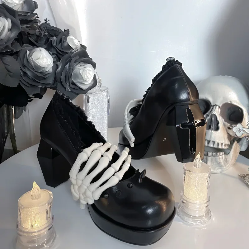 Chaussures en cuir PU tête ronde pour femme, petit modules à tête ronde, griffe squelettique, punk rock foncé, structure gothique, talon épais de 8cm, cosplay, crâne, Halloween