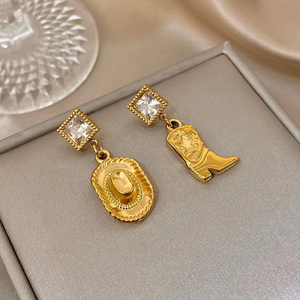 Flashbuy New Trend Asymmetric Stainless Steel Earrings Cowboy Hat Boots Pendant Gold Color Statement Earrings Fashion Jewelry