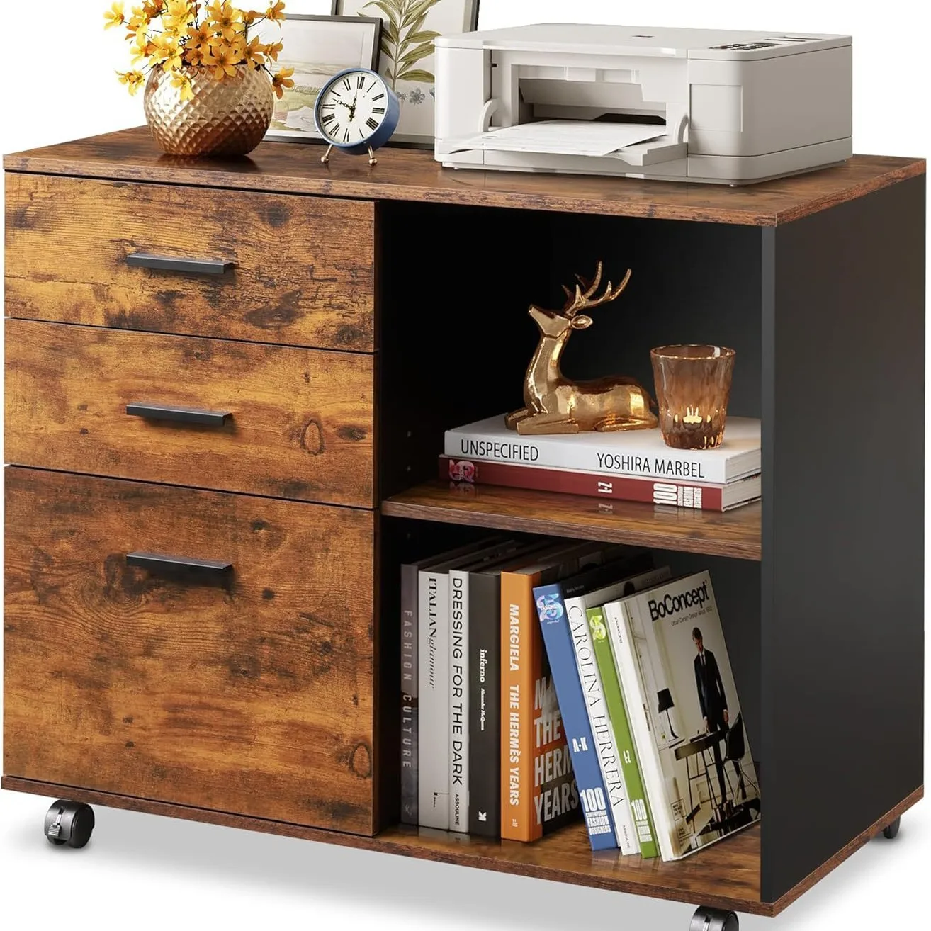 

3 drawer mobile filing cabinet, wooden horizontal filing cabinet, printer stand with open shelf