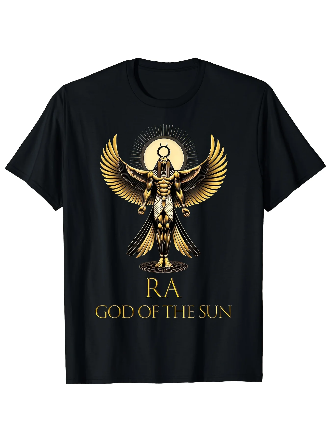 Men's Egyptian Pharaoh Ra Sun God T-Shirt - 180g Heavy Cotton Black and Gold Antique Design with Wings of Horus and Anubis Scepter Pattern, Vintage Egyptian Mythology Theme T-Shirt