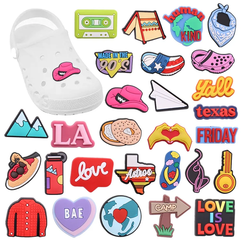 Mix 50pcs PVC Shoe Charms Buckle Earth Paper Airplane Mount LA Love Sandals Shoes Decoration Wristbands Accessories Unisex Gift