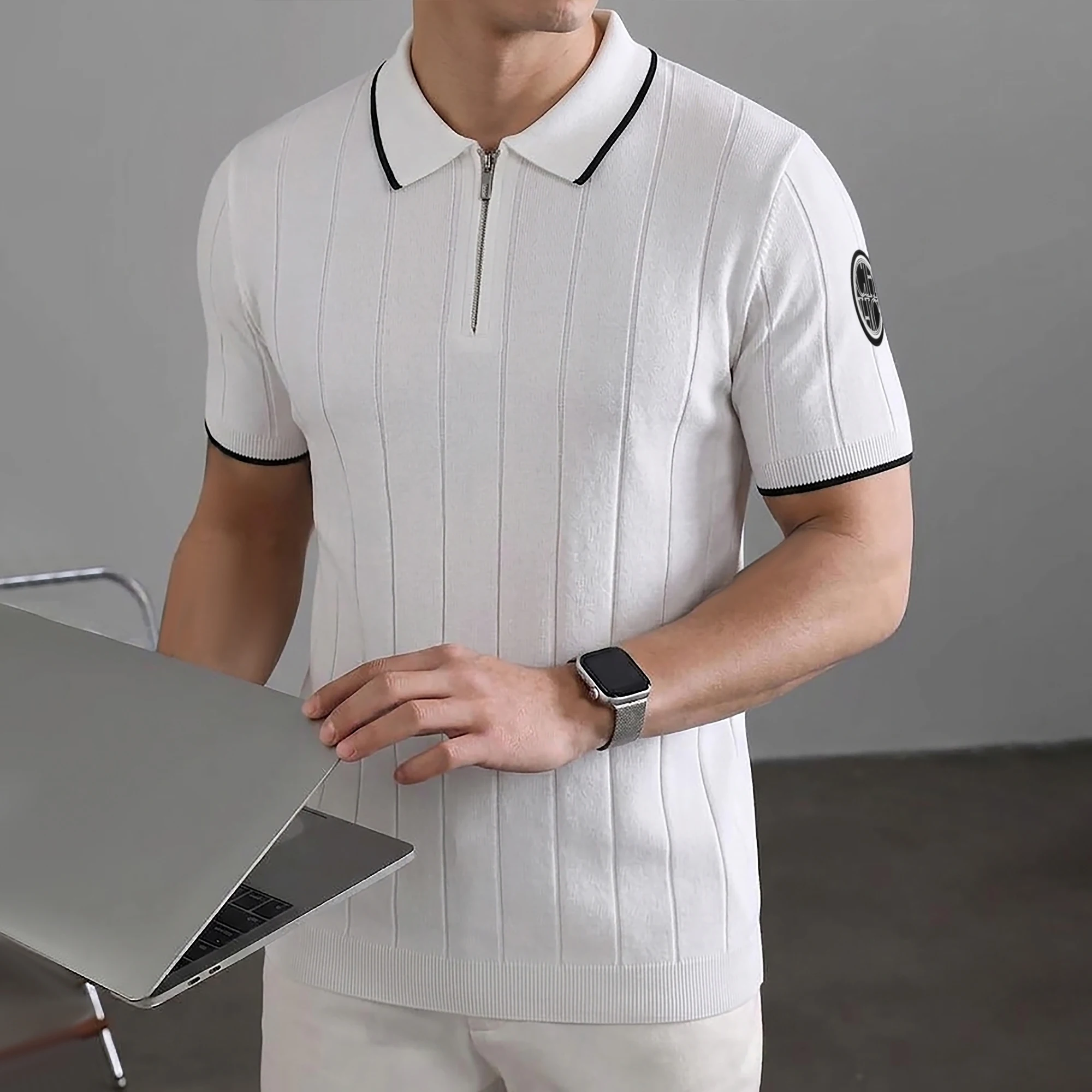 Polo CHCH para Hombre, Diseño Clásico con Insignia, para el Trabajo y el Tiempo Libre, Nuevo Diseño de Verano con Media Cremallera, Polo de Manga Corta a la Moda