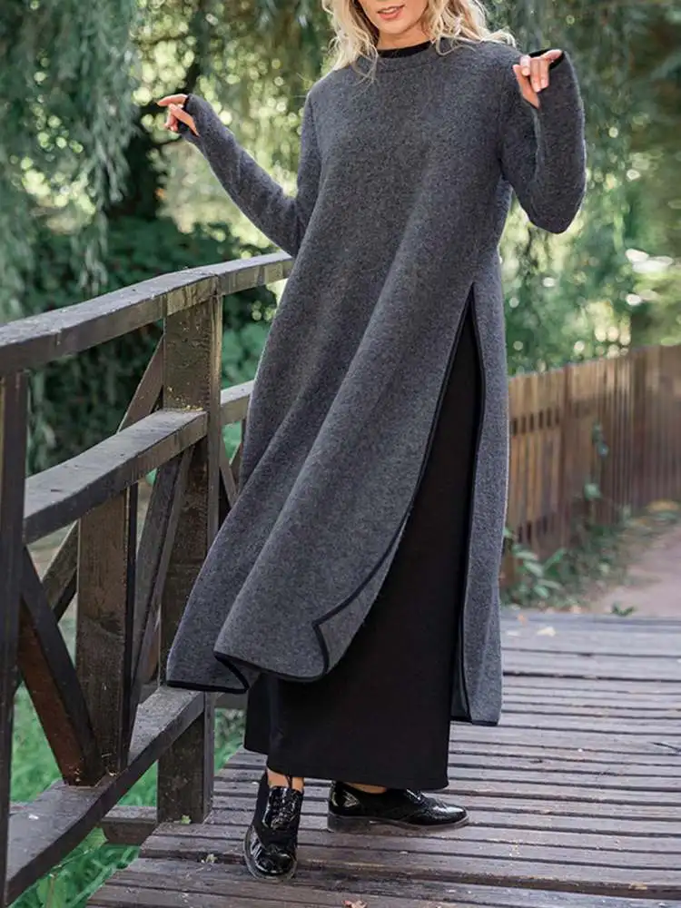 Plus Size 5XL VONDA Vintage Long Dress 2024 Autumn Women Pullover Sweatshirt Vestidos Casual Thin Solid Color Split Midi Robe