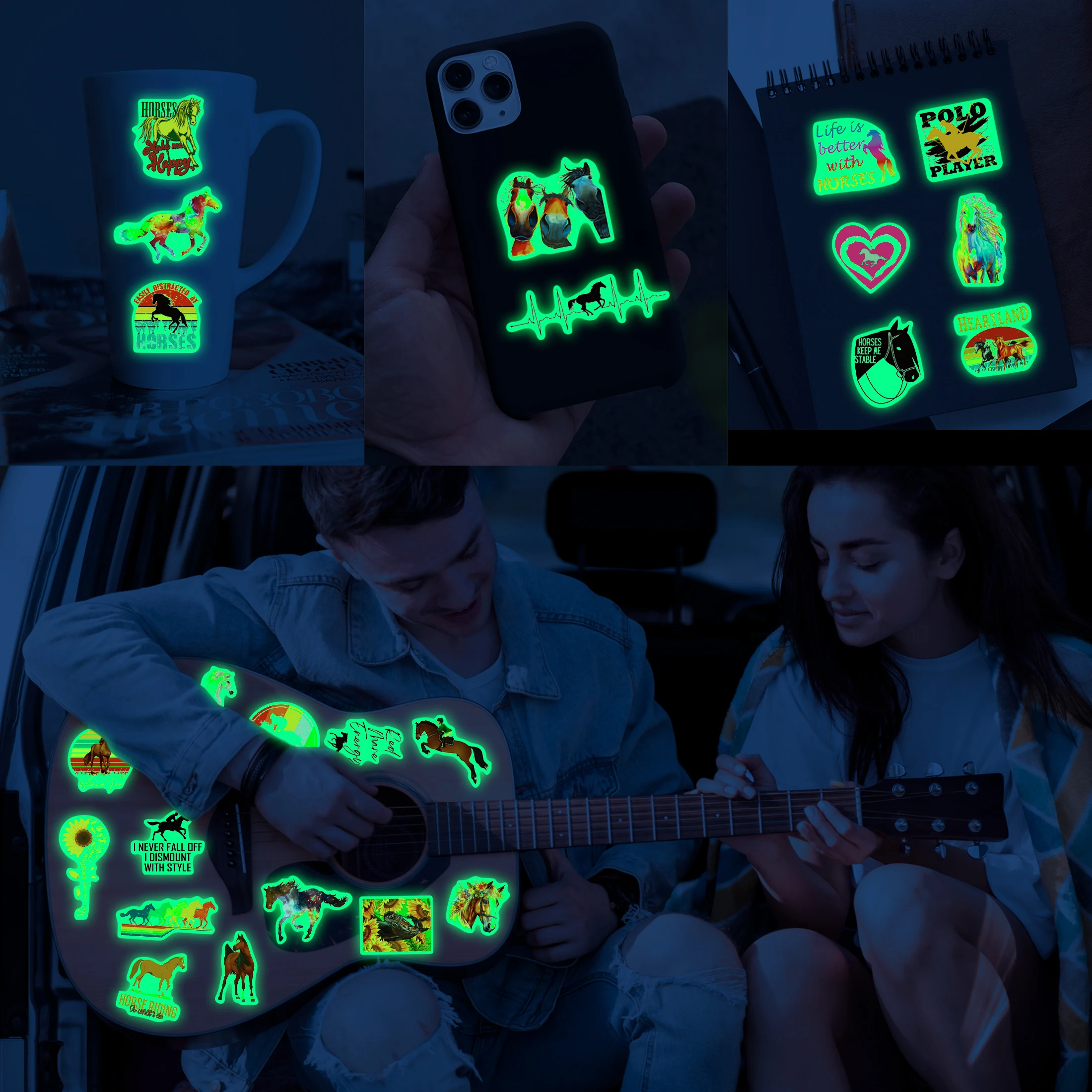 Naklejki świecące w ciemności, 51 szt. Naklejki winylowe wodoodporne z motywem wyścigów konnych, dekoracje na laptopa, deskorolkę, etui na telefon.