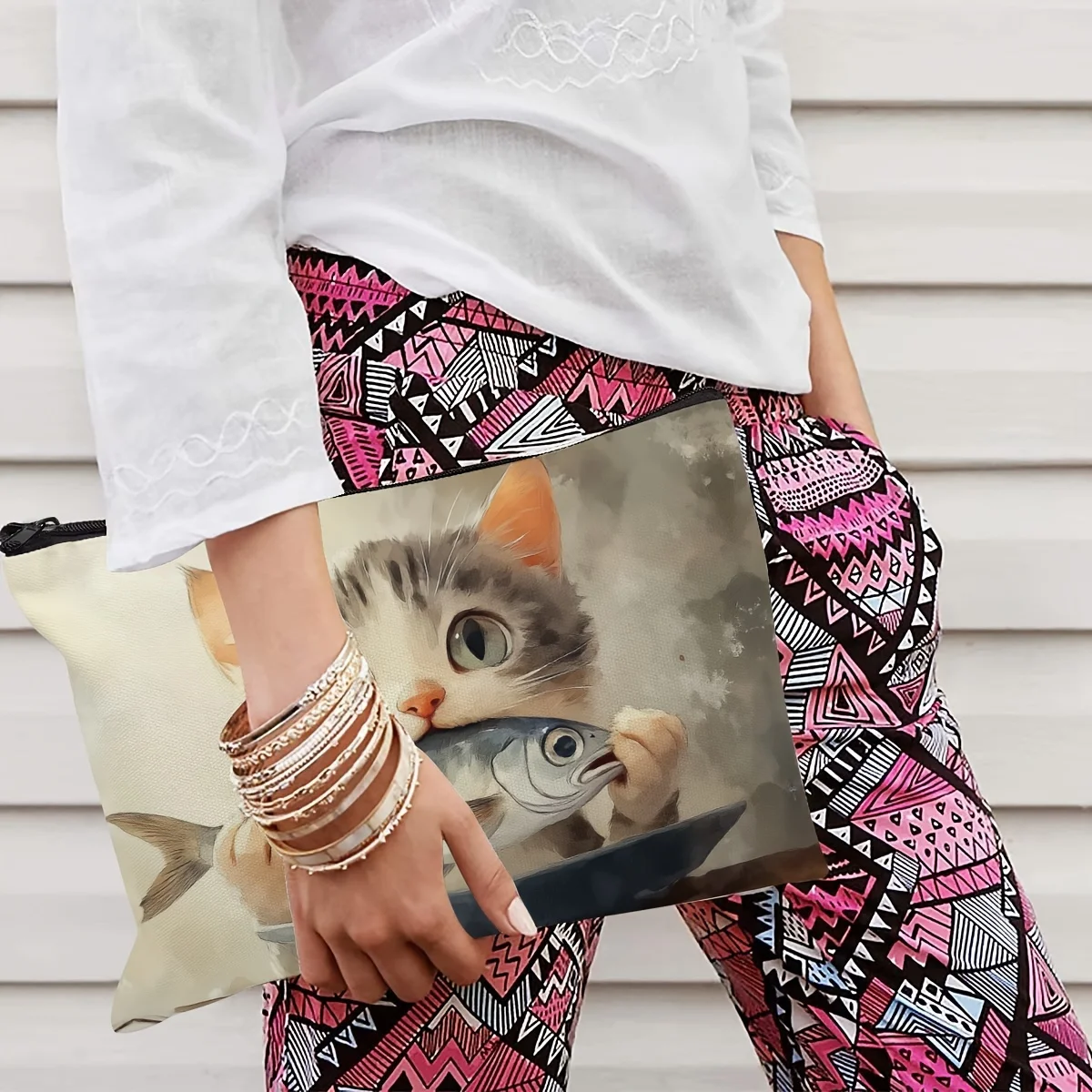 Charming Cat & Fish Design Cosmetic Bag - Lightweight Makeup Organizer, Perfect Gift for Men & Women