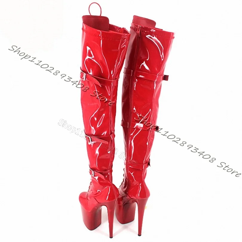 Black Cross Band Knee Boots Platform Belt Buckle Round Toe Side Zipper Stiletto Heels Boots Women Sexy Shoes Zapatillas Mujer