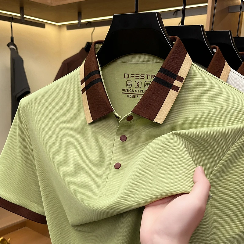 High end men's short sleeve polo shirt summer luxury business casual fashion breathable personality color blocked lapel T-shirt