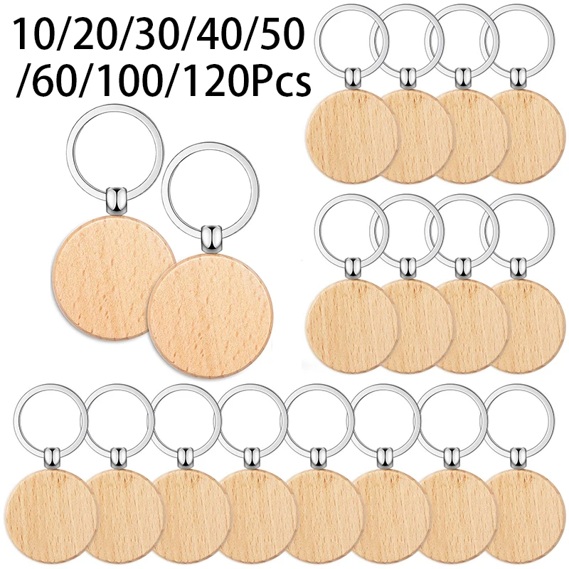 

10-120Pcs Natural Wood Keychain Blank Round Round Wooden Keyrings for DIY Christmas Ornaments Wedding Decoration