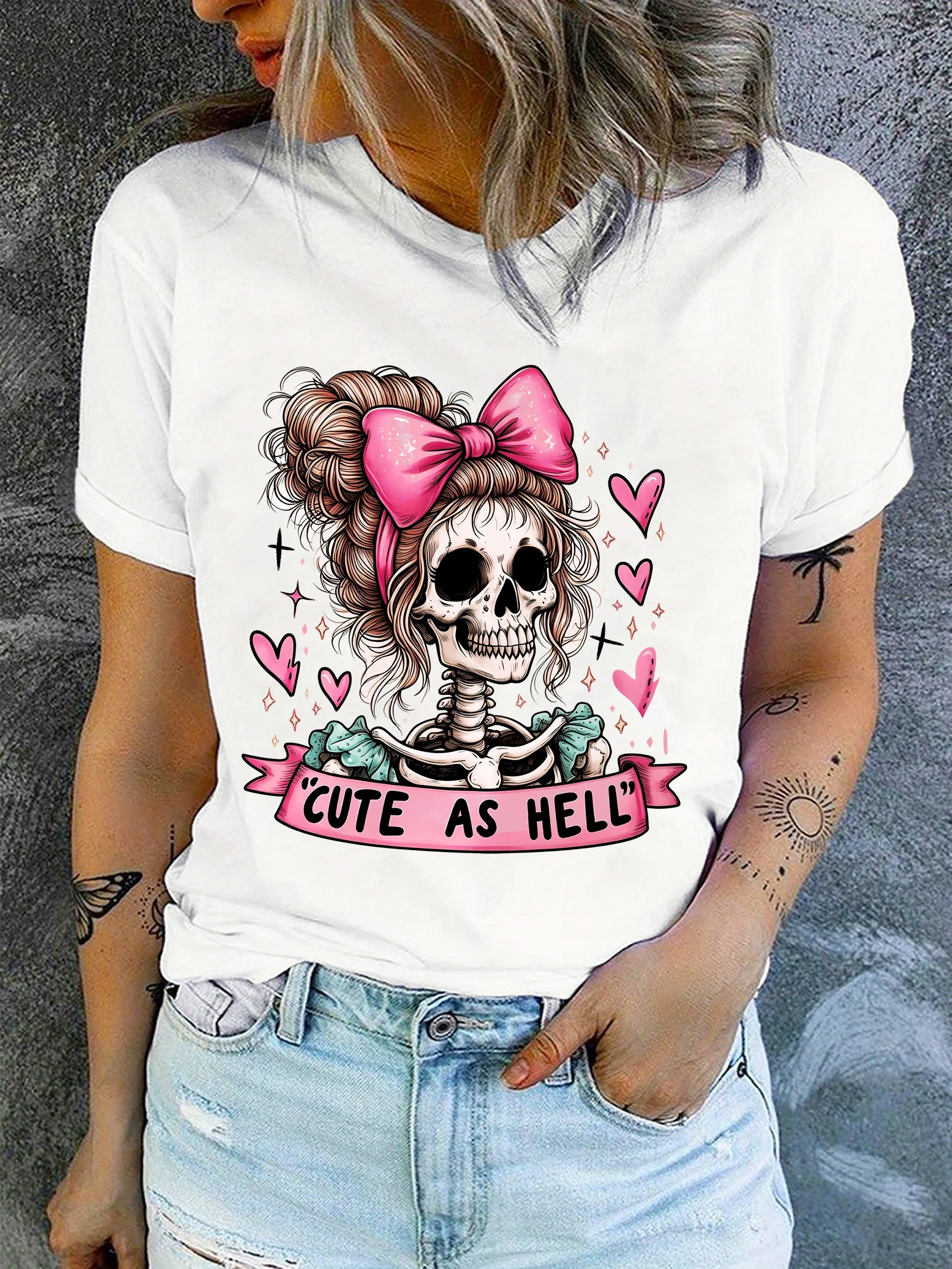 Halloween Skull Print Crew Neck T-Shirt for Women - Comfy Short Sleeve Summer Top  y2k top  shirts for women