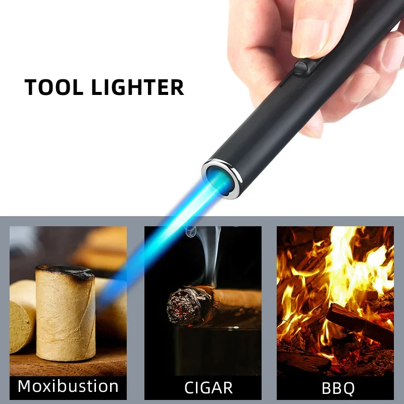 

Long And Convenient Handheld Pen Style Direct Blue Flame Flamethrower, Windproof Inflatable Lighter, Night Light With Hook