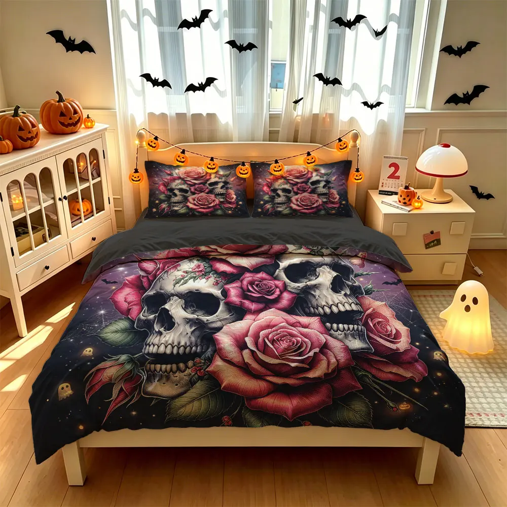 3pcs(1 duvet cover + 2 pillowcases, coreless)with a dark-themed skull and rose pattern, available in multiple sizes
