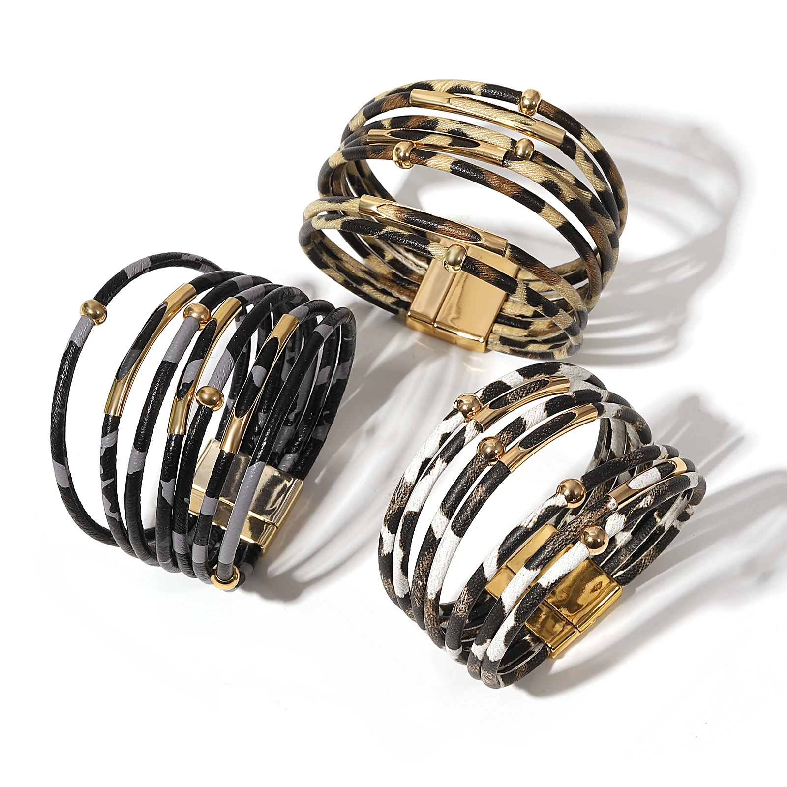

Amorcome Bohemian Leopard Pattern Leather Bracelets for Women Men Classic Metal Tube Charm Wrap Bracelet Fashion Jewelry Gifts