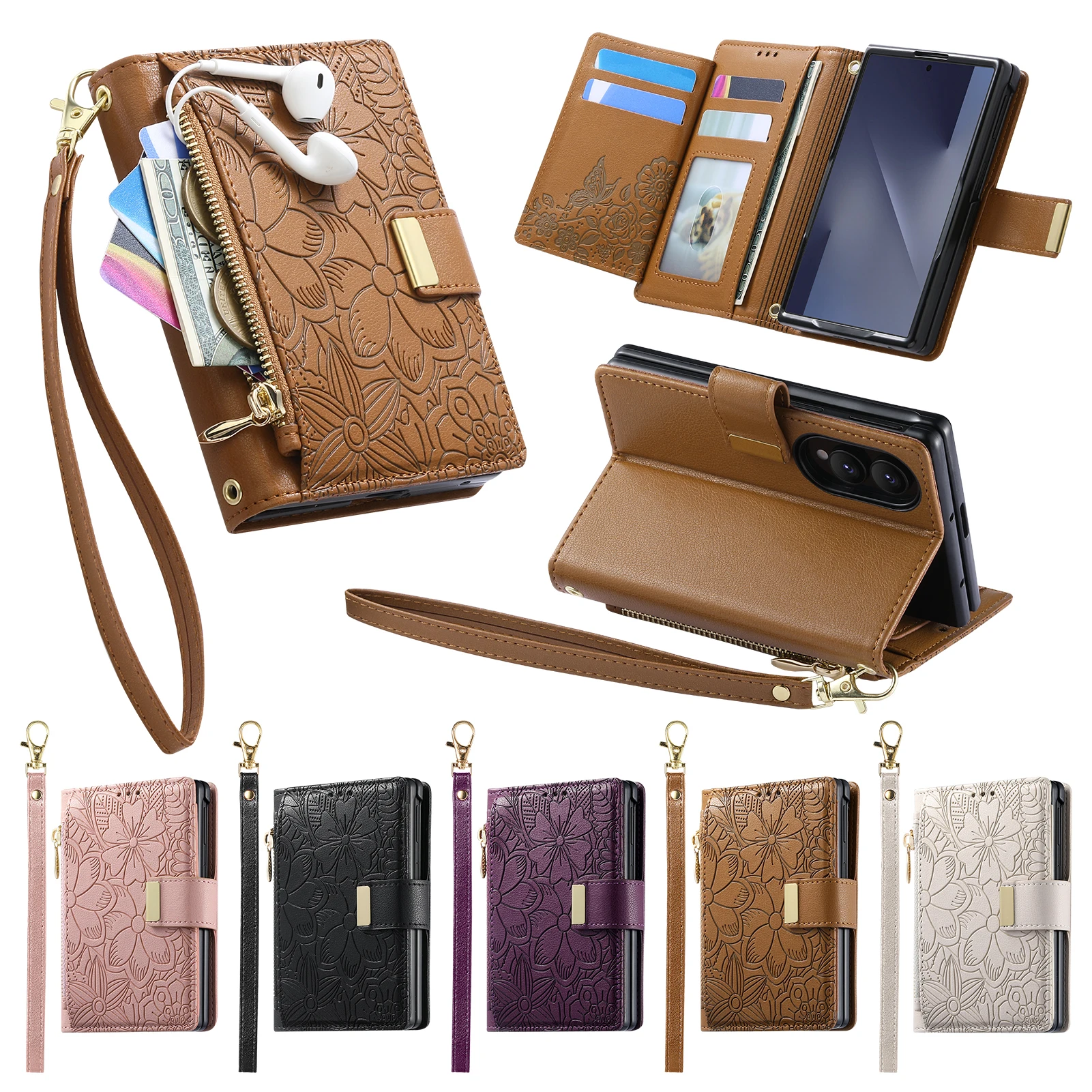 PU Leather Wallet With Card Slot Holder Phone Case For Samsung Galaxy Z Fold 8 Ultra Fold8 Wrist Strap Zipper Protective Cover