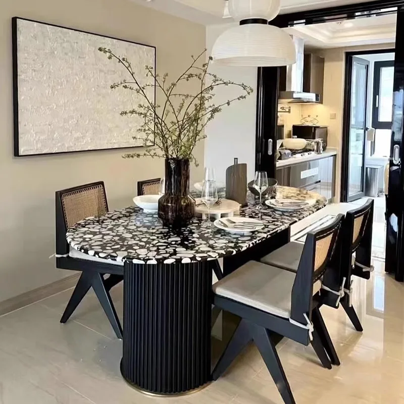 French retro terrazzo dining table oval light luxury stone high-end dining table marble designer medieval table