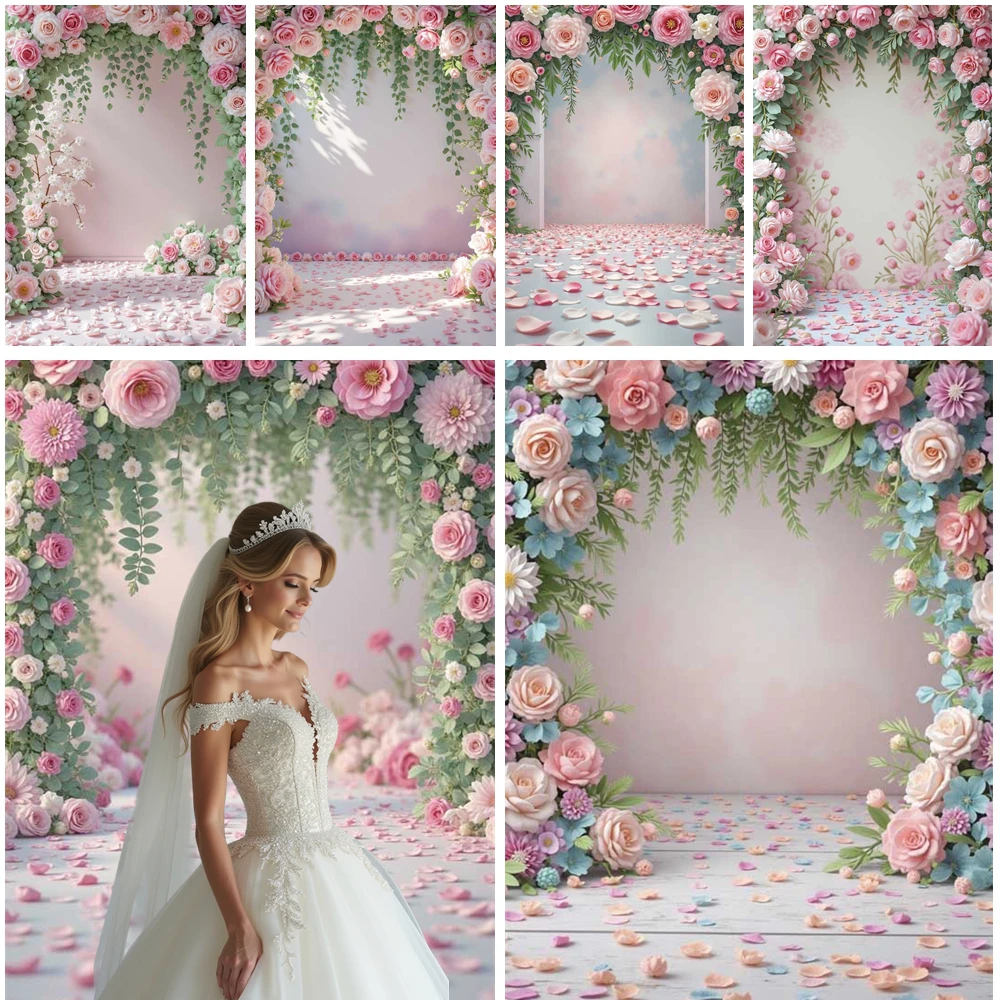 

MOON.QG Floral Frame Backdrop Pink Flower Garden Arch Photo Background Photography Accessories Shooting Props Portrait Wedding