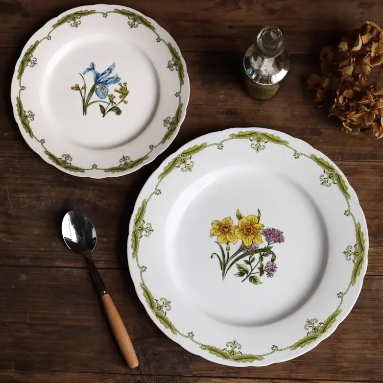 Export European ceramic high-end French elegant daffodil western plate retro 8-inch plate dessert plate