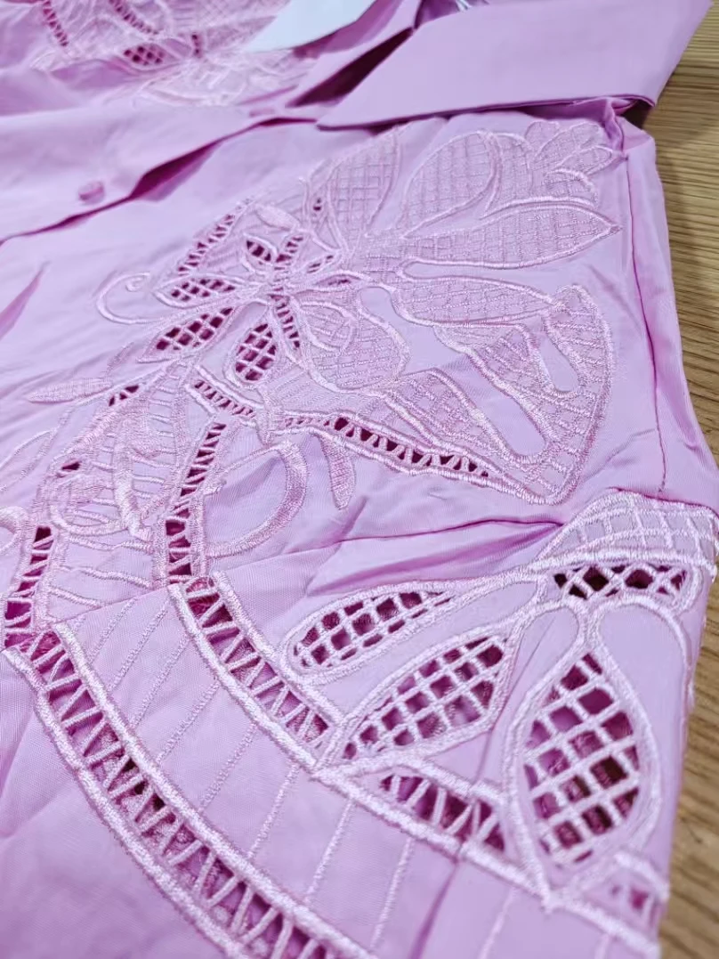 Camicette rosa in cotone con ricamo floreale con foto reali Camicette per top oversize a maniche lunghe da donna Abbigliamento donna