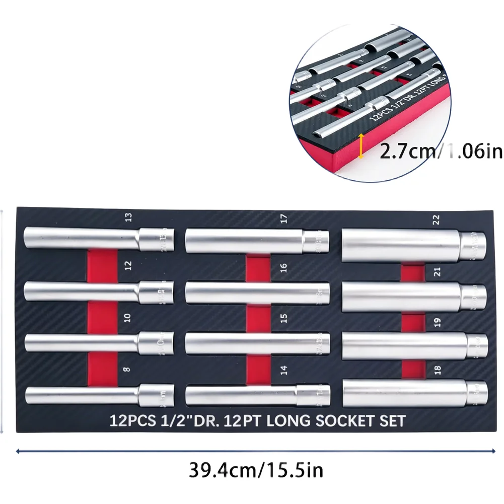 12 Piece 1 2 Inch Drive 12 Point Long Socket Set 8-22mm Chrome Vanadium Steel Extended Deep Grey…