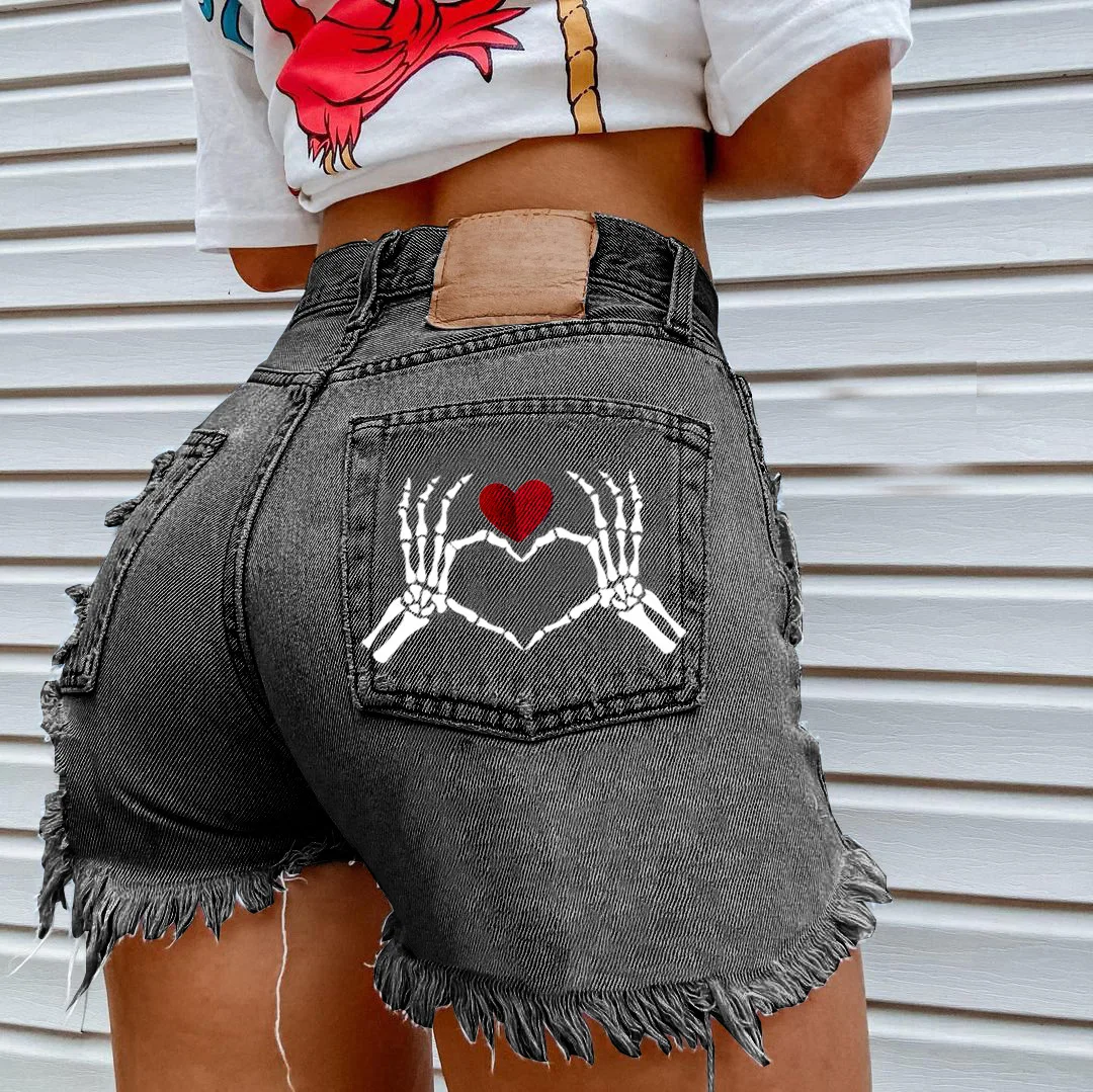 Women European American Street Heart Skull Bone Denim Shorts 2026 New Ripped Fringe Trendy Casual Short Jeans view 3