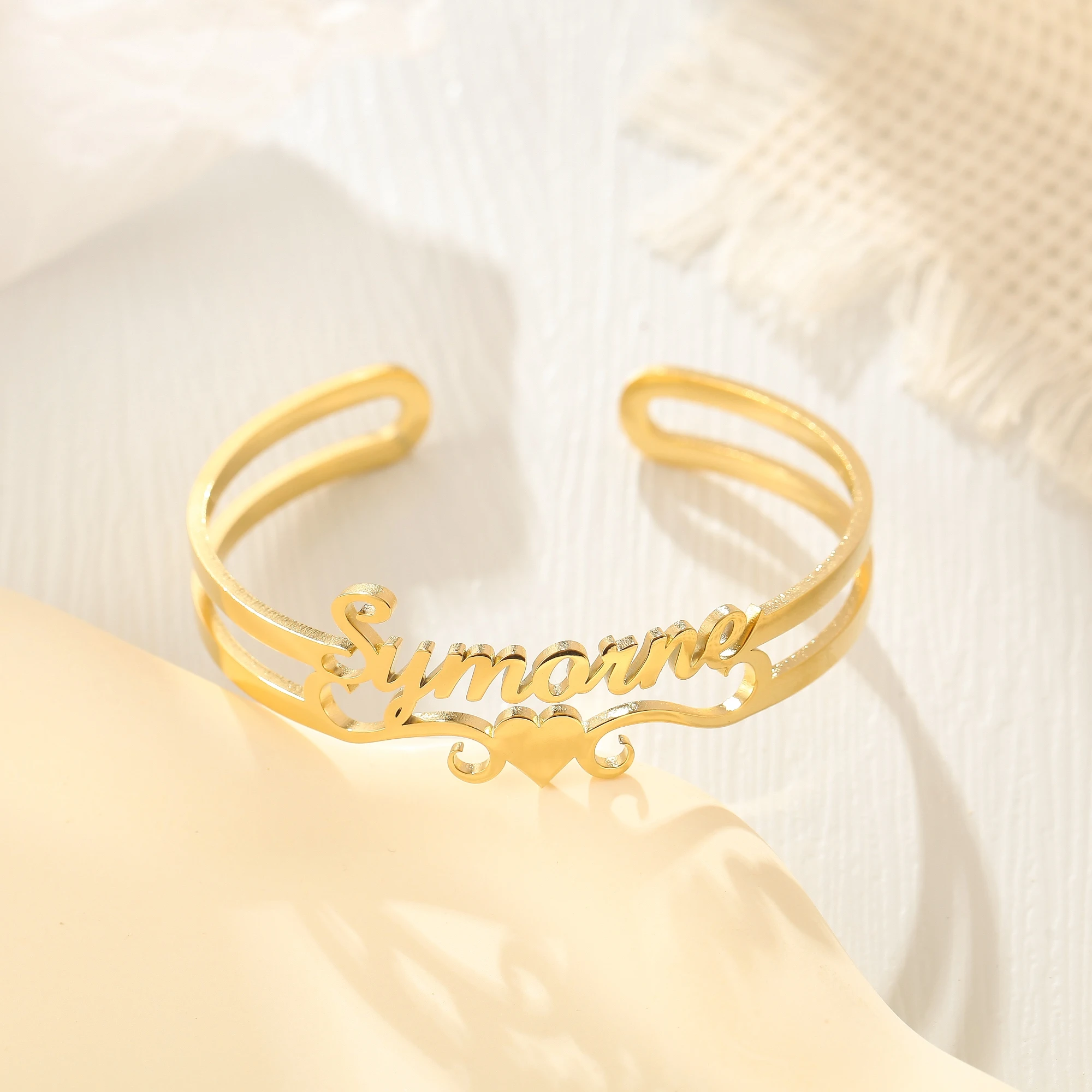 Gold Heart Customized Name Bangle For Girlfriend Personalized Nameplate Bangle Jewelry Birthday Wedding Gift