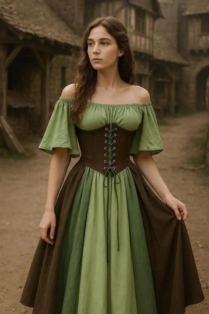 المرأة القرون الوسطى الرجعية المتناقضة اللون سليم فستان محكم من عند الصدر ويتدلى بشكل واسع كلمة واحدة فستان الكتف الحب لايف تأثيري