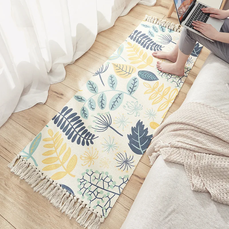 Machine Washable Cotton Linen Doormat Handmade Tassel Rug Living Room Printed Bedside Floor Mat Pad Home Boho Decor Carpets