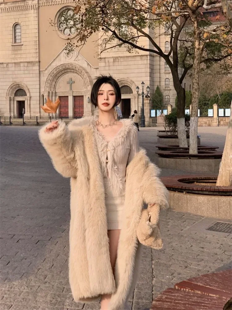 Luxury Long Faux Fur Coat Women Warm Fluffy Fur Jacket Long Sleeve Design Chic Jackets Women's Clothing High Quality Outerwear