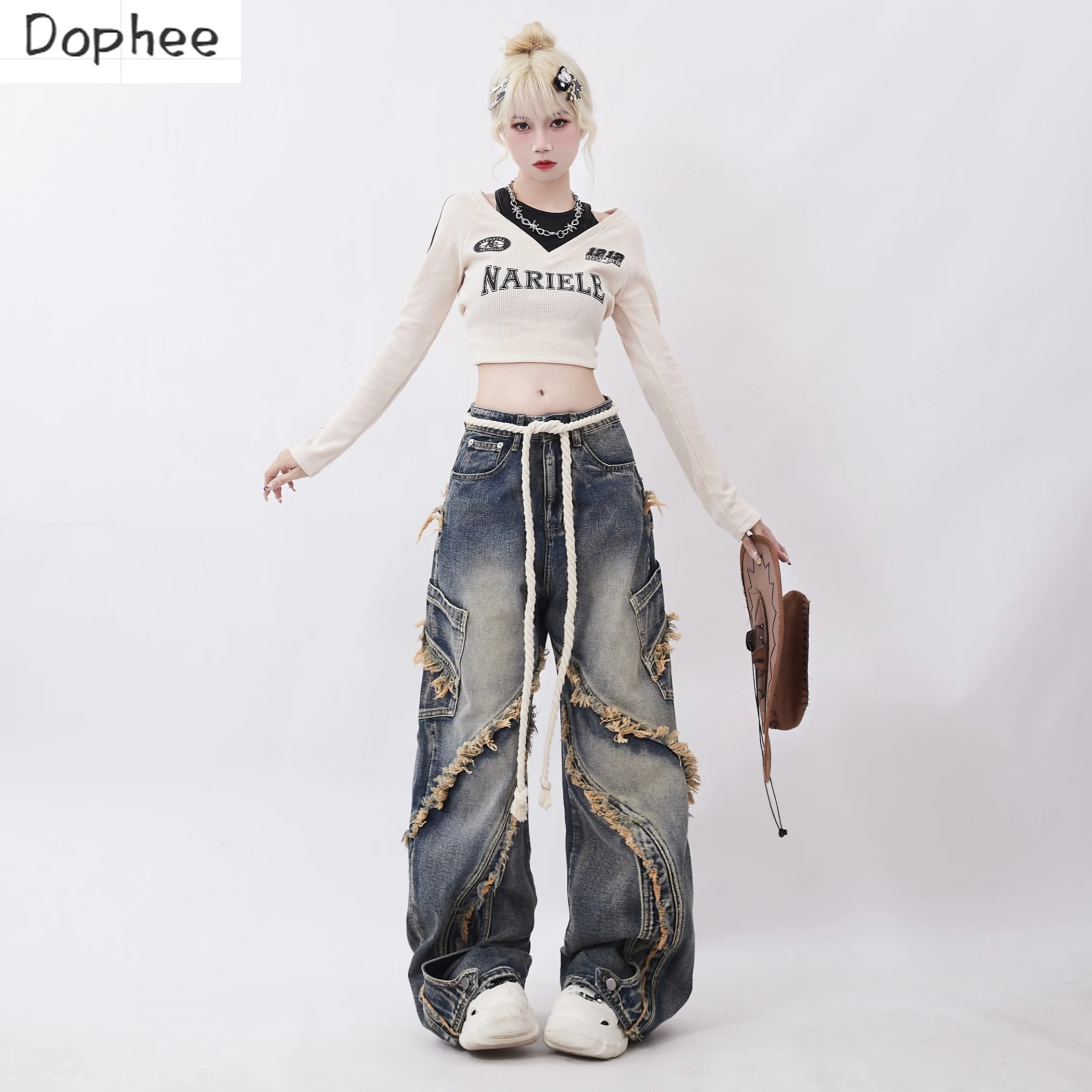 

Dophee New Autumn Faux Two-piece Long Sleeve Women Tshirts Dopamine Letters Printed High Waist Crop Top Spice Girls Slim T Shirt