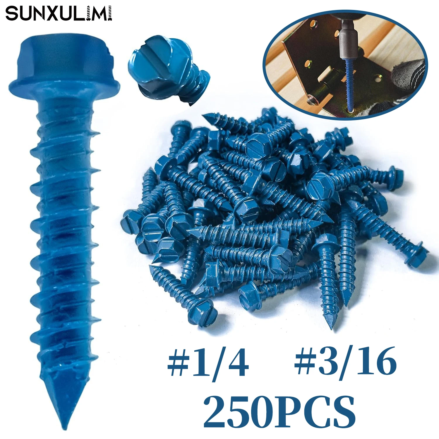 

250 pieces 1/4, 3/16 hex head concrete screw anchors, blue slotted hex screws, for anchoring masonry, cement, diamond points