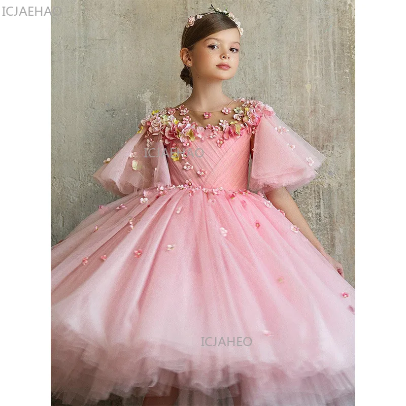 2026 Flower Girl Wedding Dress Tulle 3D Applique Girls Eid  Gown Formal Party Celebration Gifts Piano Performance Host Princess
