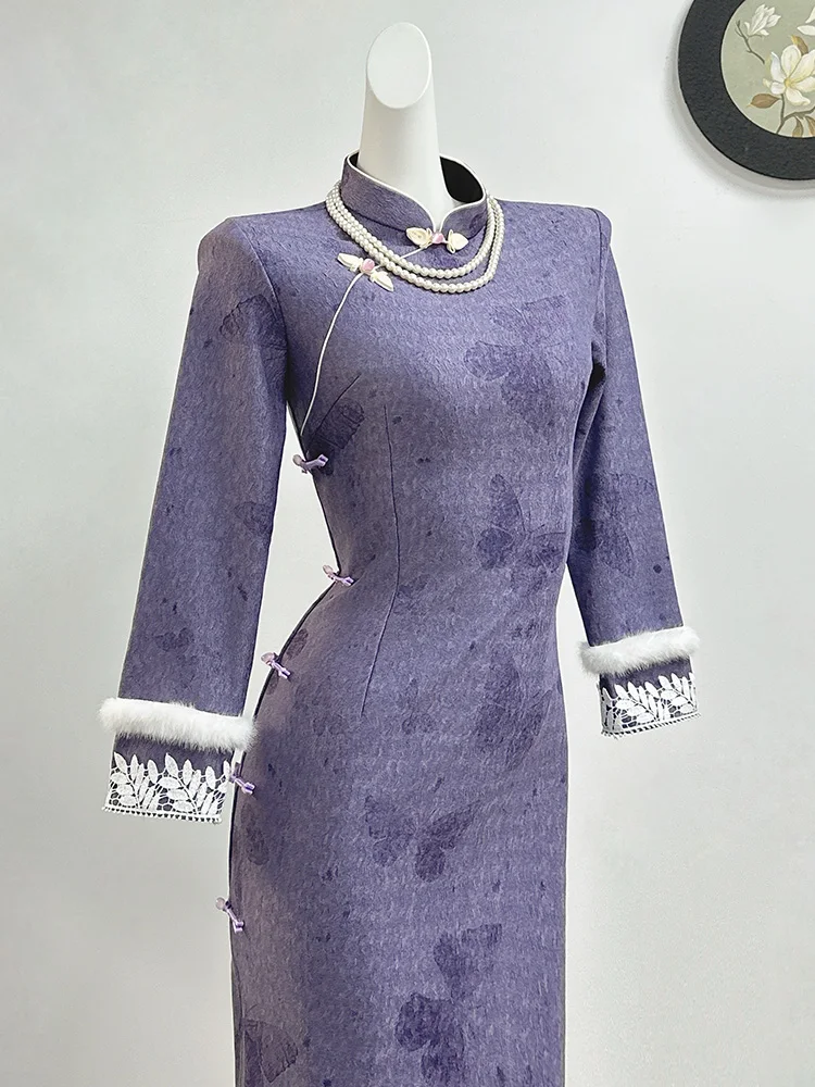 

Purple Velvet Warm Winter Qipao Dr Slim Fit Waist Cinched Long Sve High Collar Chinese Sle Reformed Dr