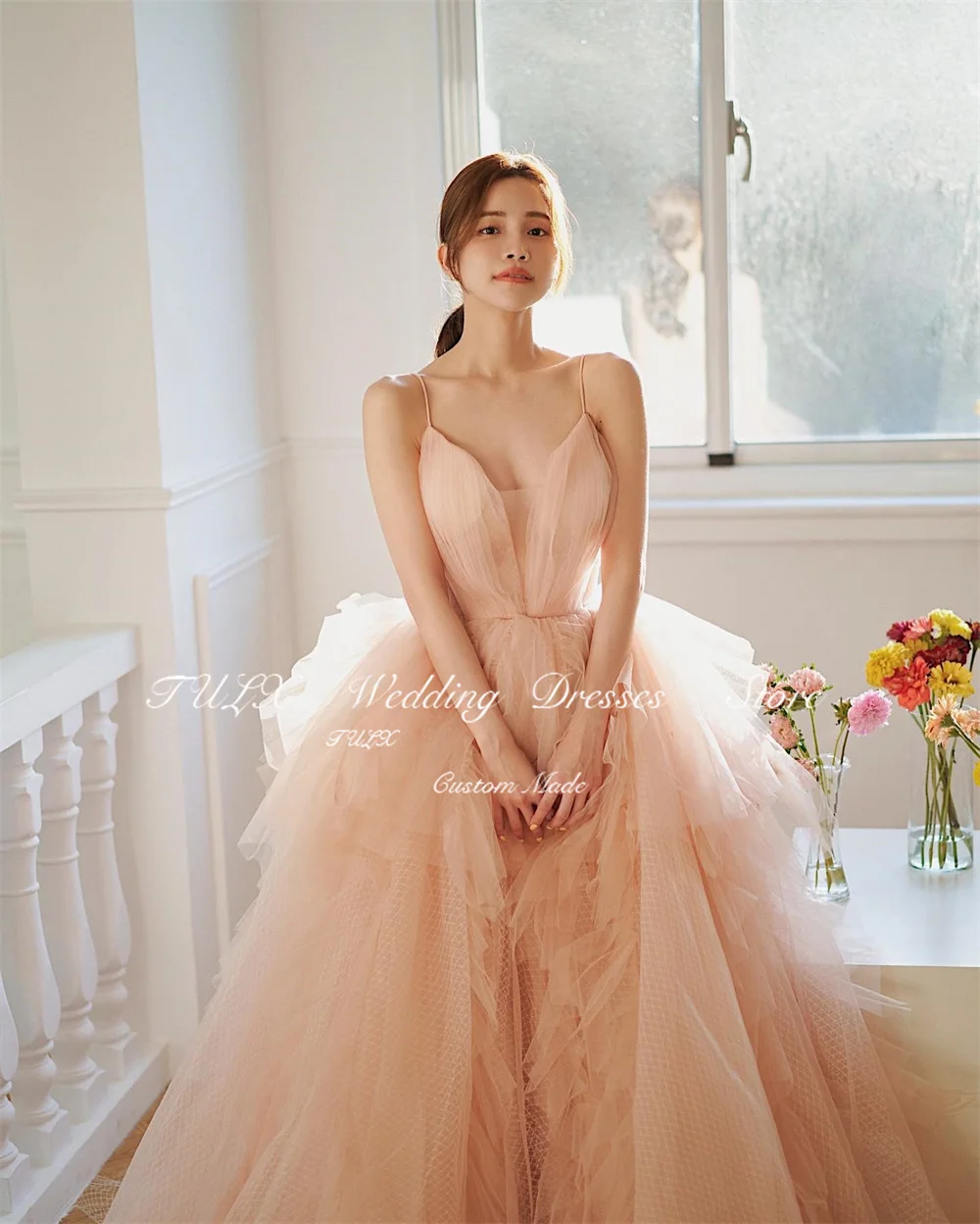 TULX Fairy Dusty Tulle A-Line Evening Dresses Korea Women Corset Photo Shoot V Neck Straps Tiered Ruffles Formal Occasion Dress