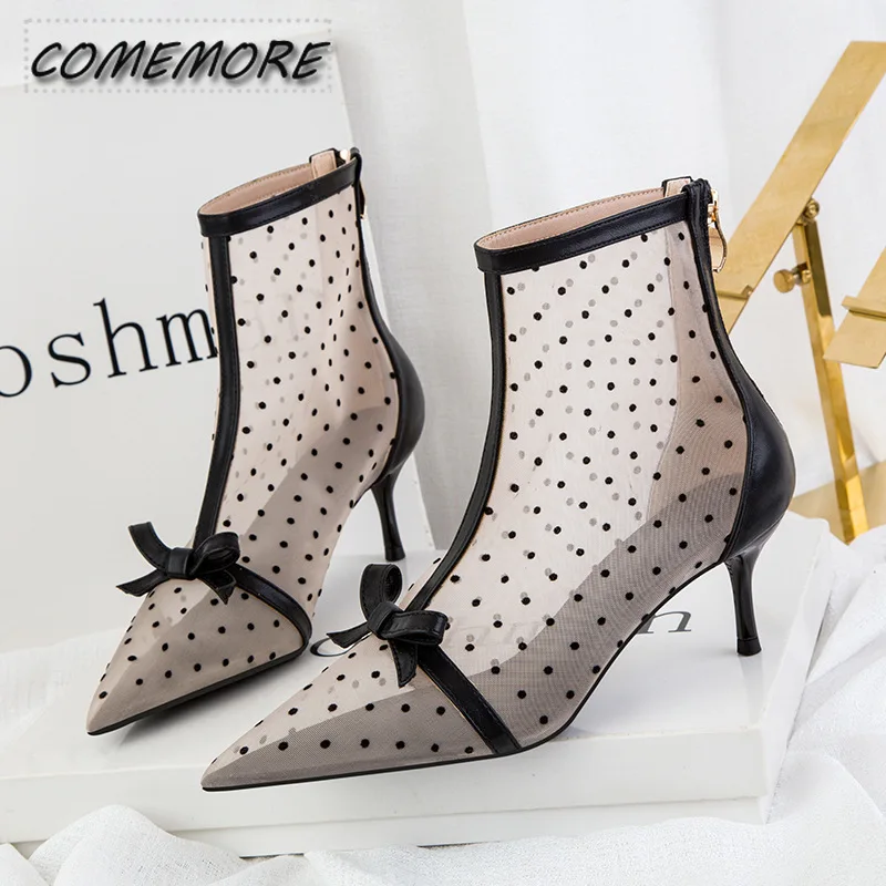 Women\'s Summer Boots Sexy Breathable High-heeled Pointed End Casual Shoes Fashion Mesh Zipper Bow Footwear Sandals Comfortable