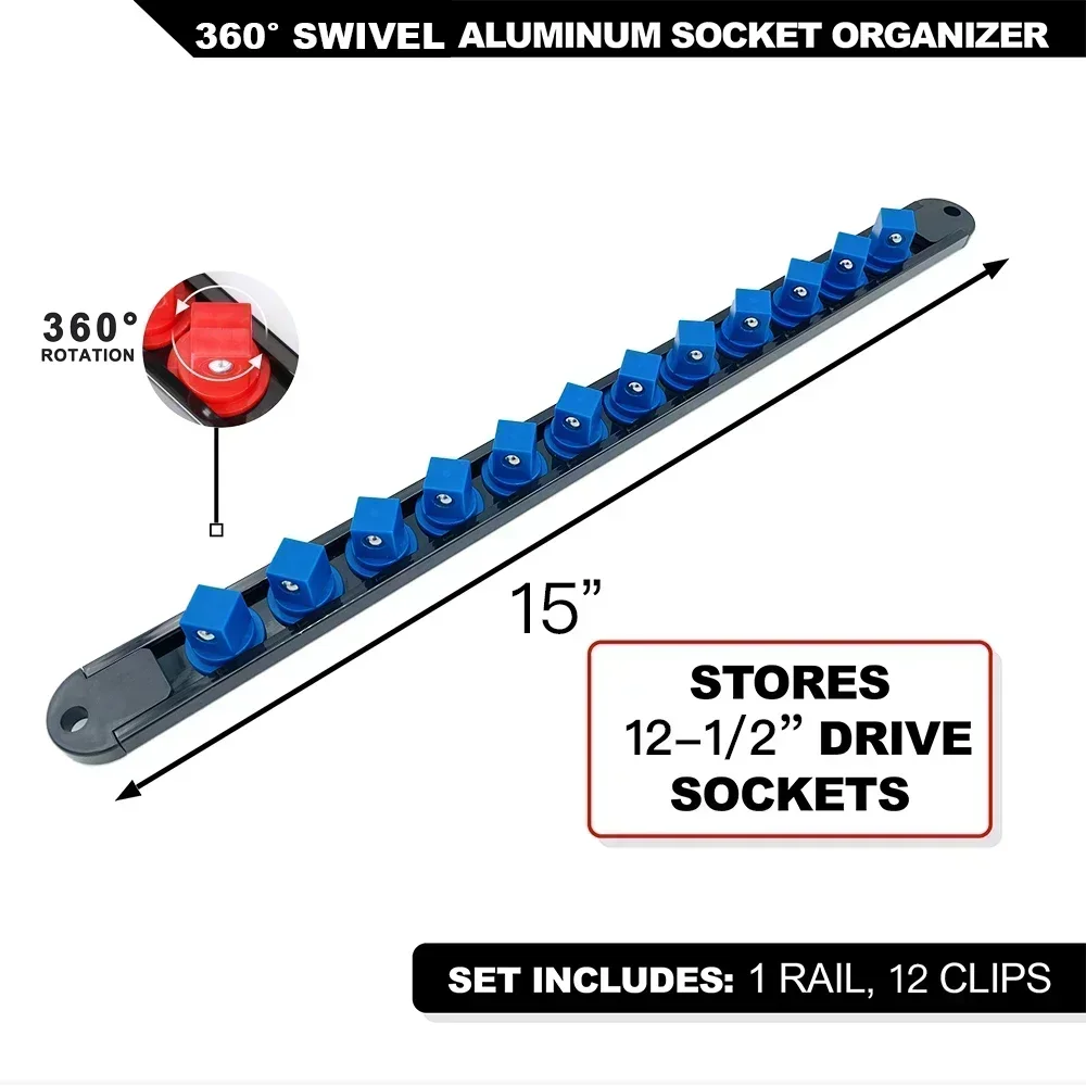 Premium Quality 360° Swivel ABS Socket Organizer Holder 1/4' 3/8' 1/2' Socket Clip Rail Tools Blue & Red