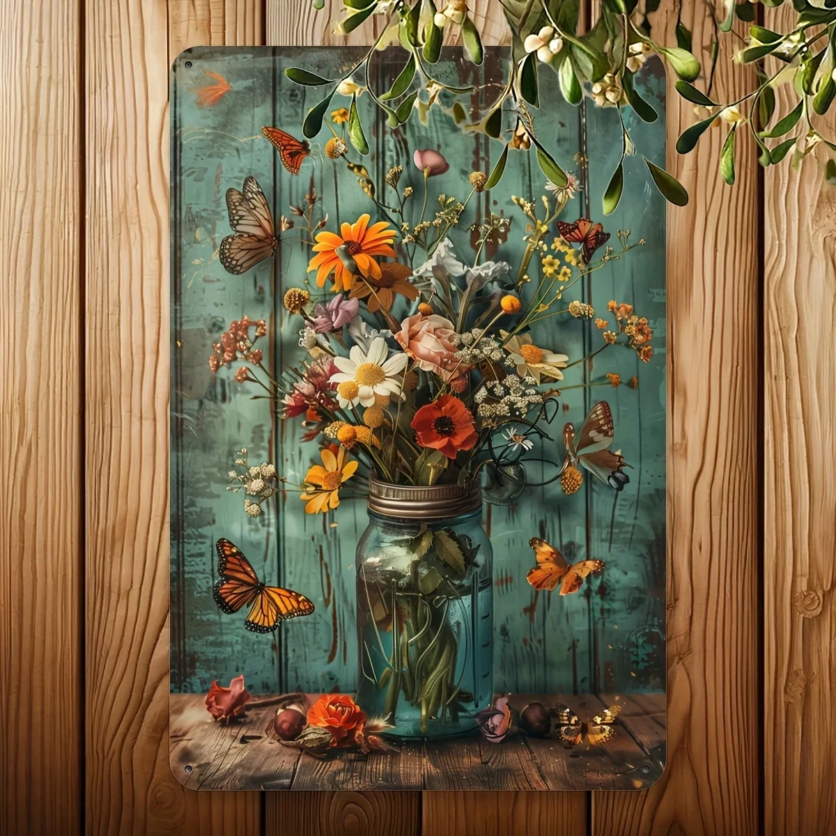 1 Piece of Vintage Country-Style Metal Sign, Creative Bouquet Mason Jar Wall Art, 8x12inch Aluminum Foil Engravings, Perfect for Home, Cafes, and Gyms