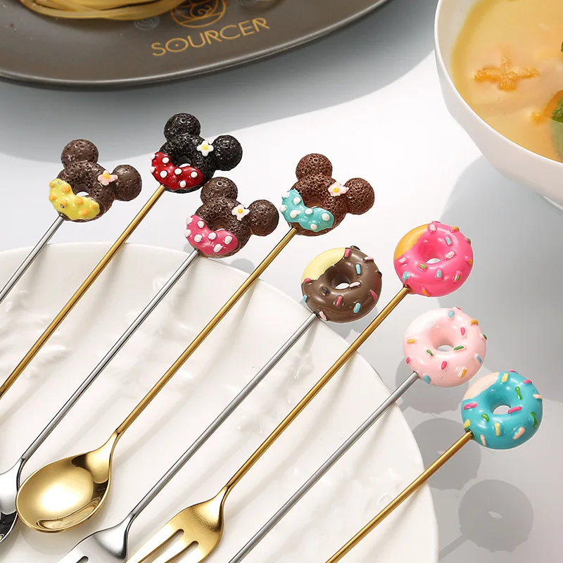 Disney Mickey Spoon Kawaii Cartoon Long Handled Stainless Steel Coffee Spoon Household Fall Prevention Heat Resistant Spoon