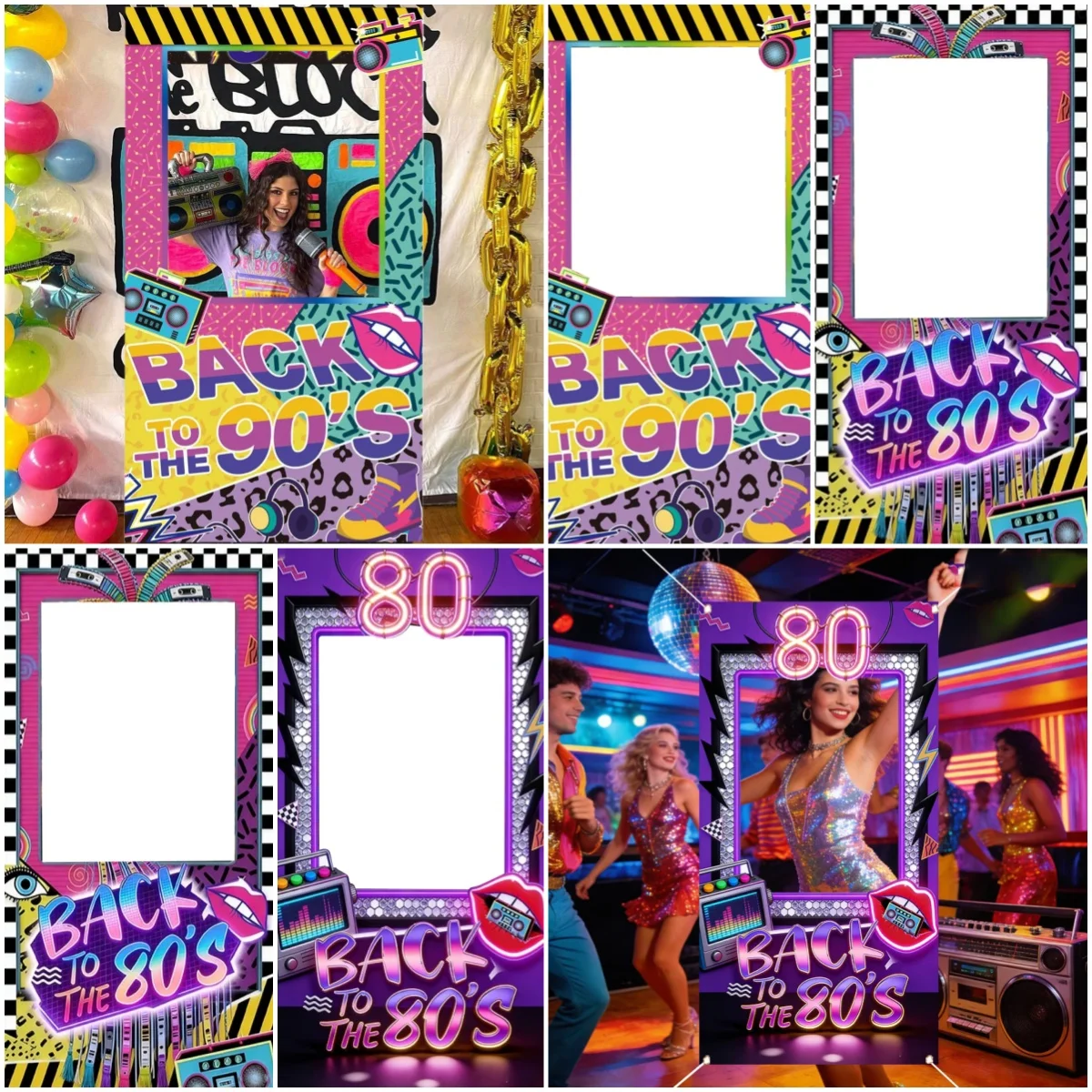 Retro 80er 90er Geburtstagsparty-Dekorationen Ausgehöhlter Rahmen-Hintergrund Modischer Disco-Rock-Recorder Fotografie-Hintergrund-Requisite