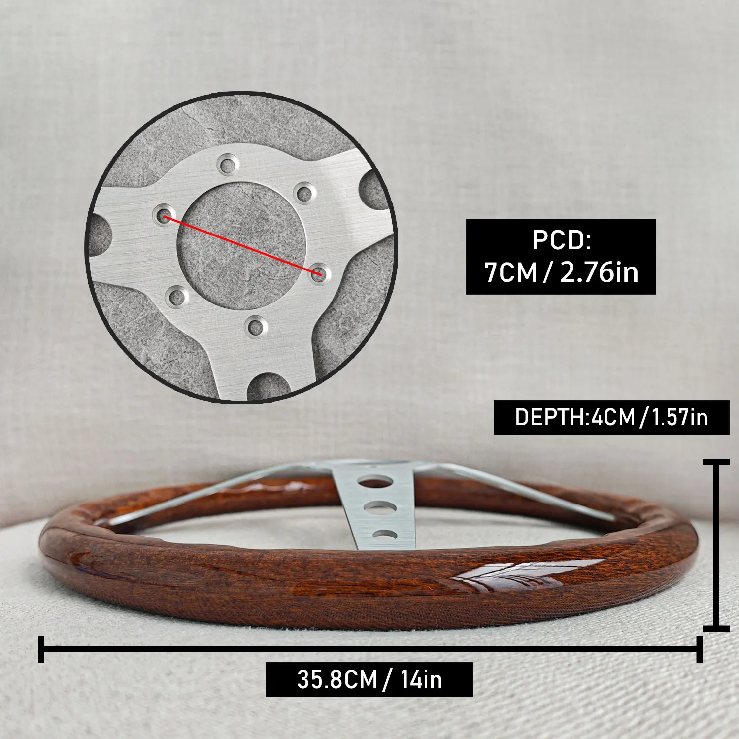 عجلة قيادة Motorsport Indy Heritage مقاس 350 مم. عجلة قيادة رياضية من خشب الماهوجني ومقلمة من الألومنيوم المصقول PC-ST54