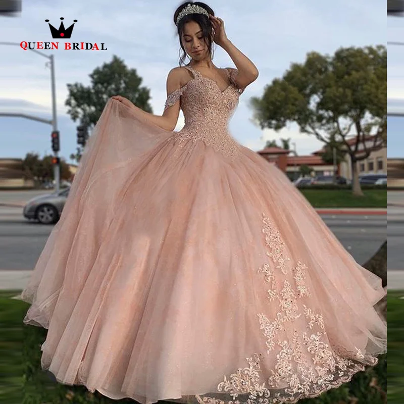 Glitter Pink Quinceanera Dress V-Neck Spaghetti Strap Appliques Lace Cut-Out Beads Sequin For 15 Girls Ball Formal Gowns VF03N