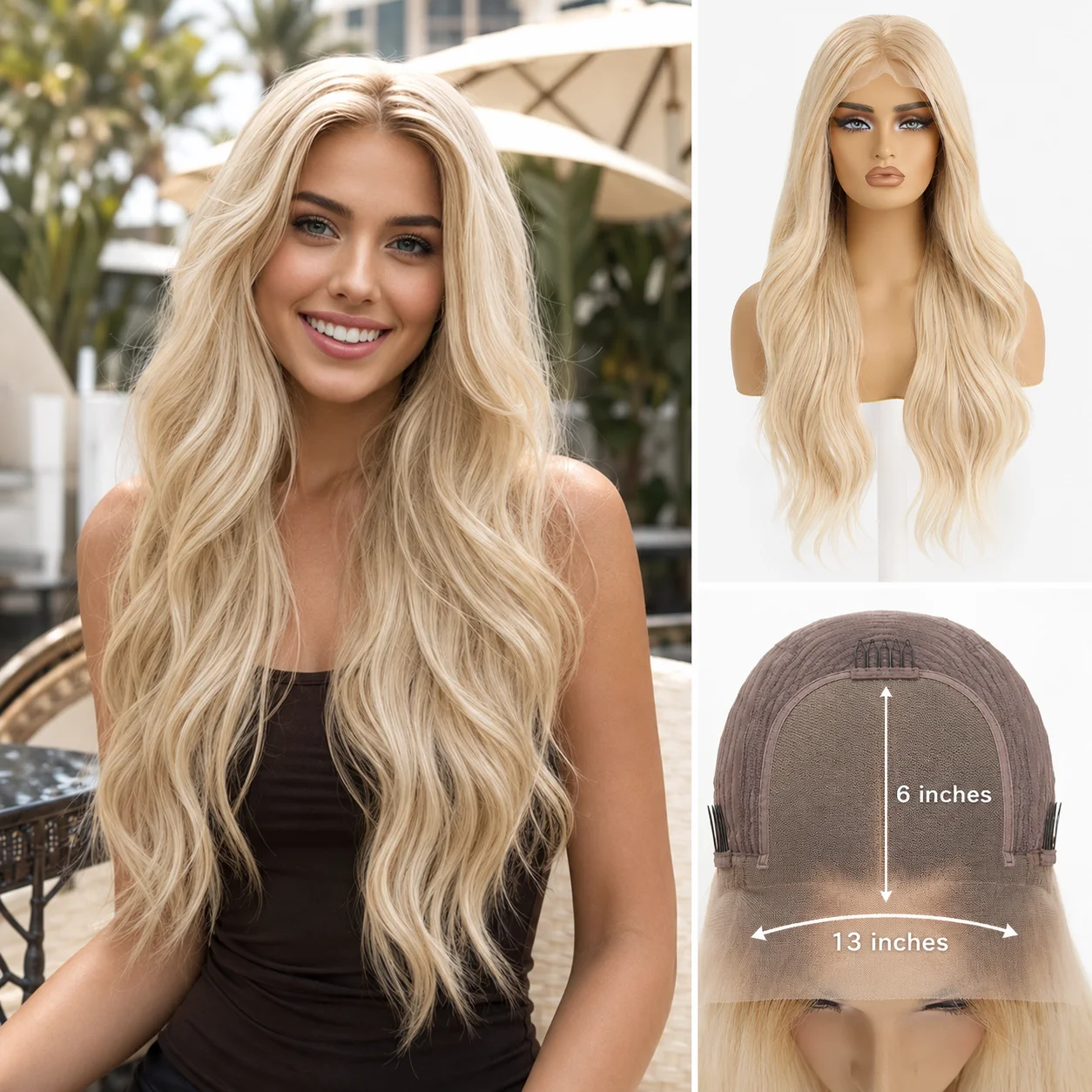 13x6 Lace Frontal Blonde Long Wavy Wig for Women Natural Hairline Pre-Plucked Heat Friendly Full Density Wig