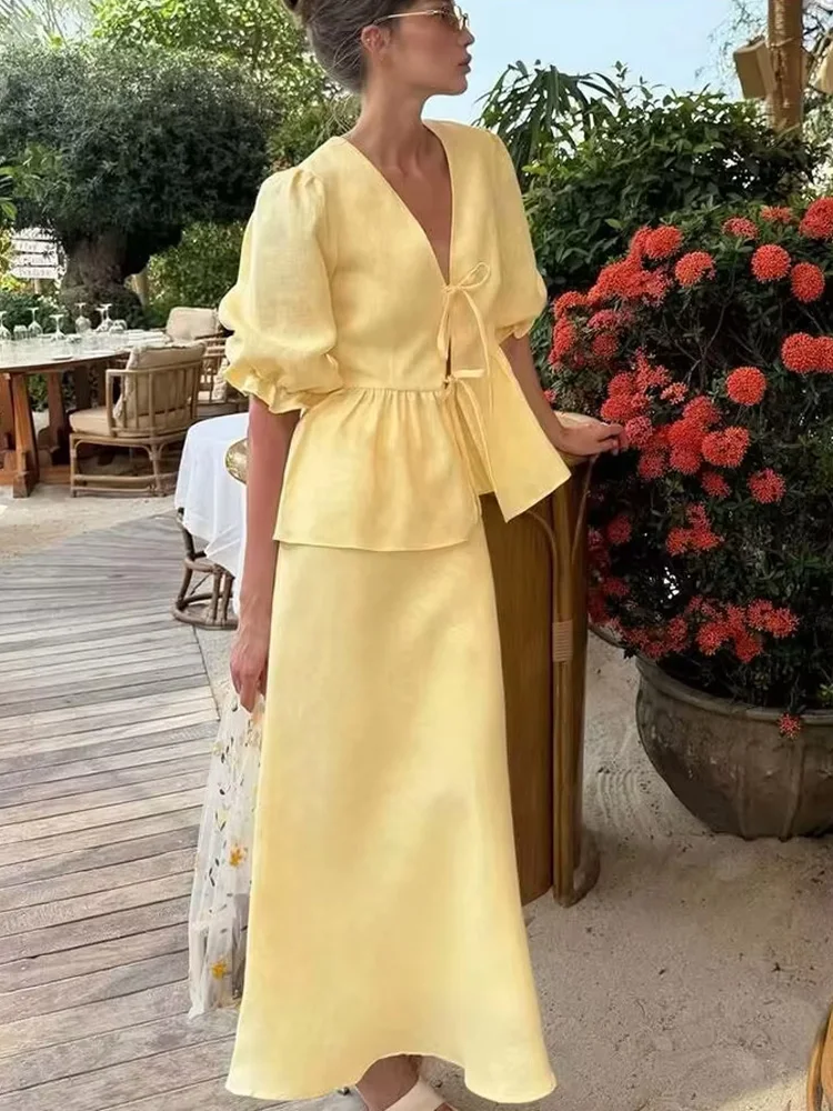 

HH женская летняя новая рубашка во французском стиле с v-образным вырезом на шнуровке и пышными рукавами + элегантный костюм-миди на молнии с рыбьим хвостом на бедрах