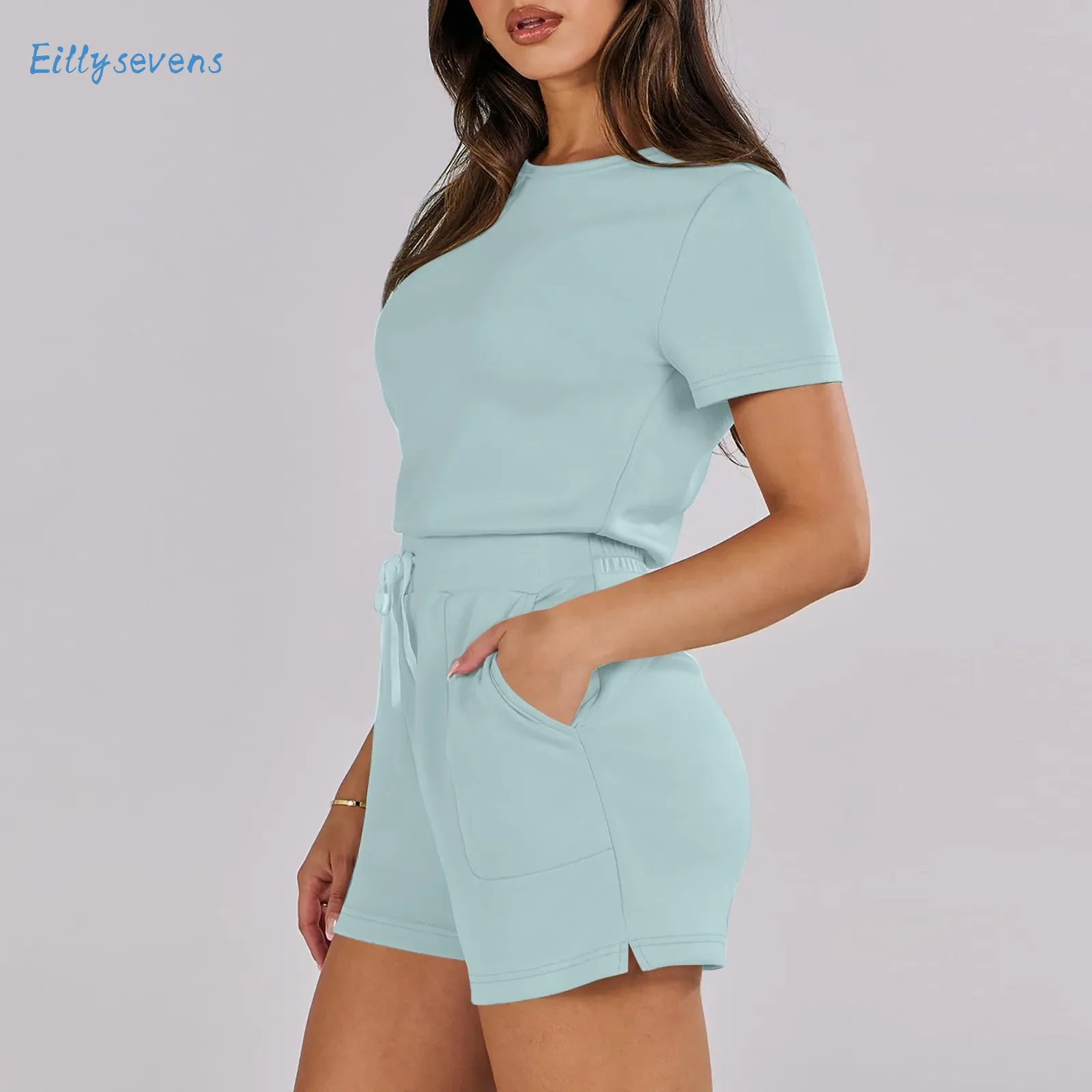 

Women Regular Shorts Rompers Summer Casual Crewneck Short Sleeve Drawstring Waist Pockets Jumpsuits Comfy Simple Solid Rompers