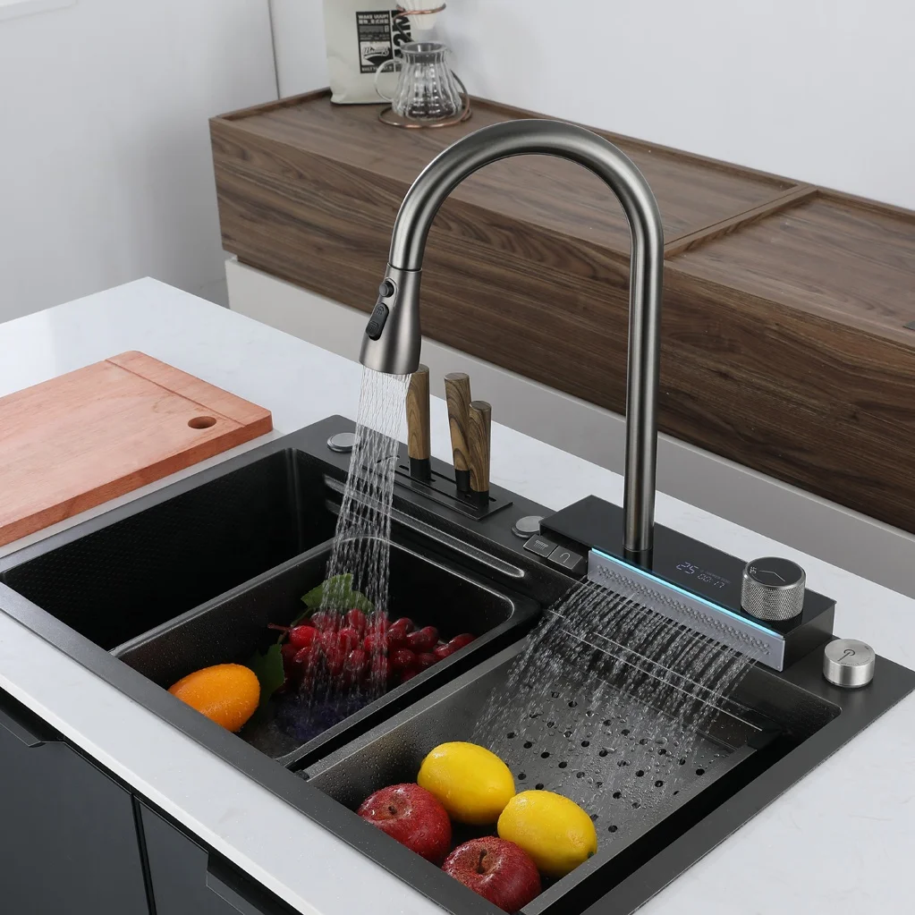 

Mouhoti Best Selling Hand Made Kitchen Sink Luxury Black Smart Waterfall Kitchen Sink LED Light Fregadero Acero Inoxidable