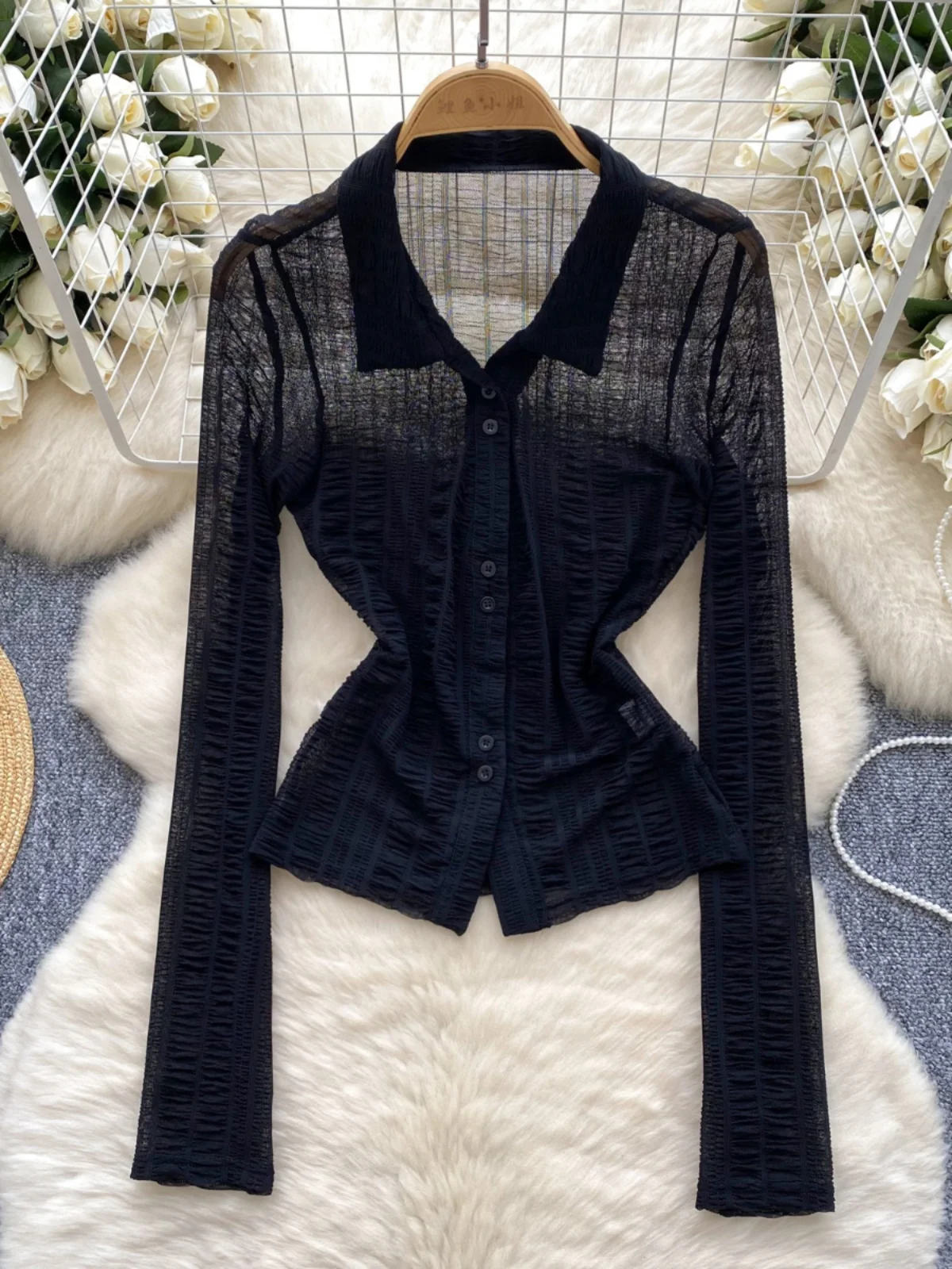 

Women's Long Sve irt Design Sense Pleated Slim Fit Thin Me Top Cardigan Korean Sle Commute Loose Fit Other Material