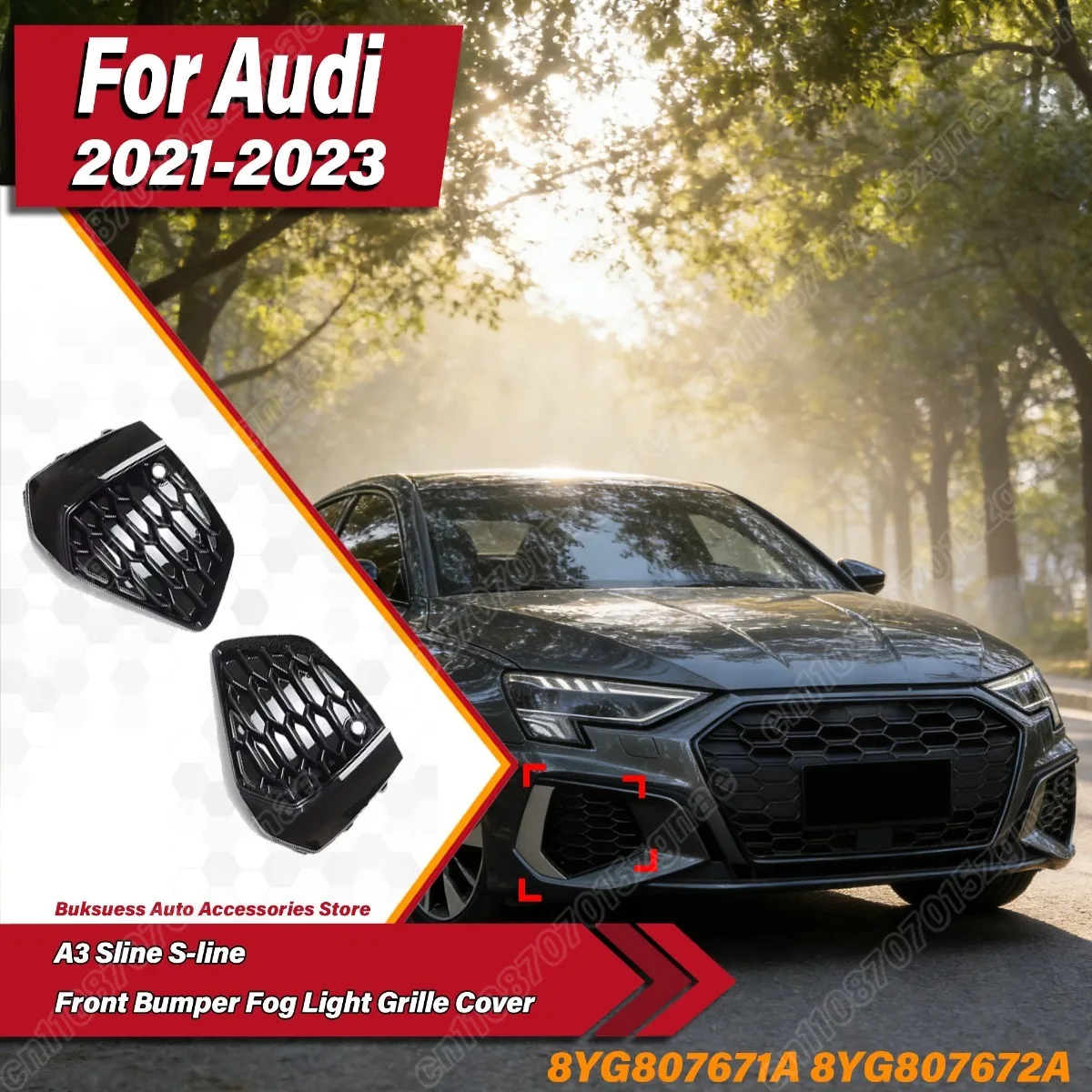 

Для Audi A3 Sline S-line 2021 2022 2023: Накладка на решетку противотуманной фары переднего бампера, решетка воздухозаборника, элементы обвеса 8YG807671A 8YG807672A