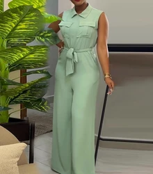 Fresh Style Leisure 2024 Women's Jumpsuit Summer Flip Collar Pocket Waist Loose Wide Leg Sleeveless Jumpsuit for Female Clothing